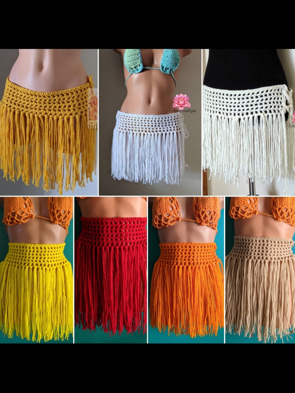 Handmade Crochet Fringe Mini Skirt in Tan